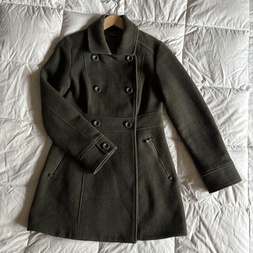 prAna Nicole Double-Breasted Peacoat Jacket Women S Olive Green Tweed Wool Blend